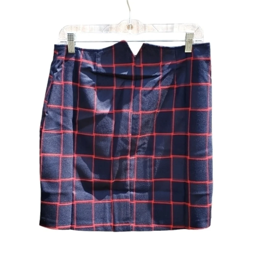 Uniq Plaid Navy Red Golden‎ Zipup Dressy Mini Skirt Large NWT